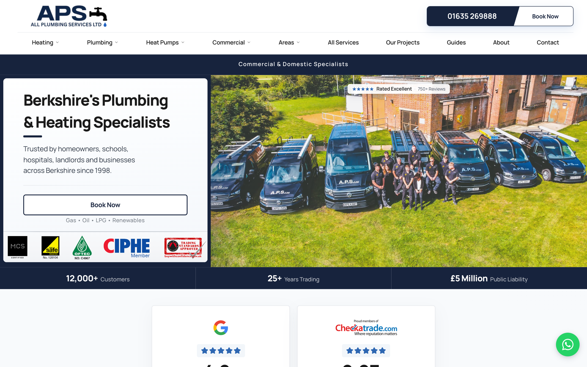 APS Plumbing & Heating desktop homepage, showing local service positioning, trust signals and enquiry paths.